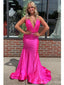 Sexy Hot Pink Mermaid V-neck Backless Maxi Long Party Prom Dresses,Evening Dress,13470