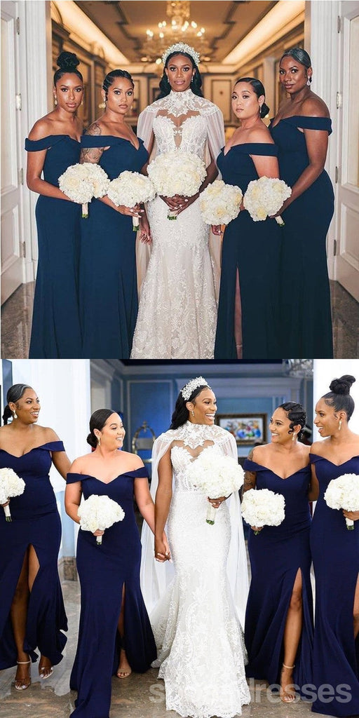 Sexy Mermaid Off Shoulder Navy Blue Wedding Guest Bridesmaid Dresses,WG1739