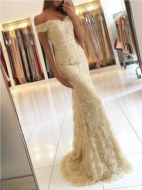 Off Shoulder Gold Lace Mermaid Evening Prom Dresses, Fashion Party Prom Dresses, Custom Long Prom Dresses, Cheap Formal Prom Dresses, 17163