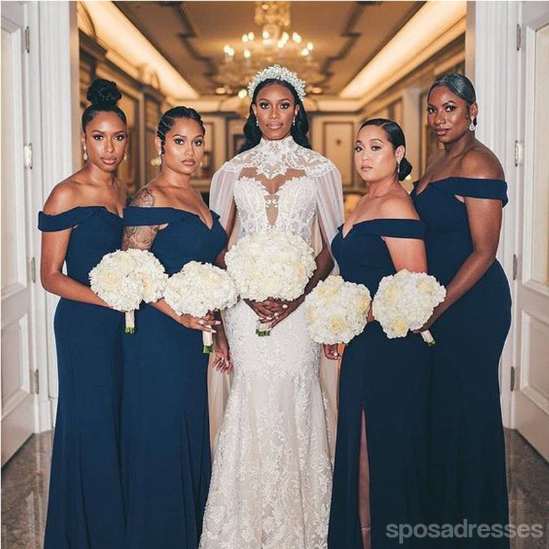 Sexy Mermaid Off Shoulder Navy Blue Wedding Guest Bridesmaid Dresses,WG1739