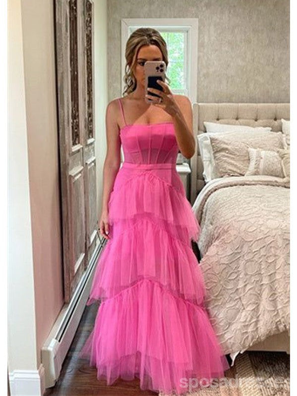 Popular Pink A-line Spaghetti Straps Long Party Prom Dresses,Evening Dress,13371