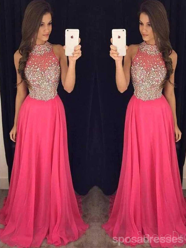 Hot Pink Halter Evening Prom Dresses, 2017 Long Beaded Prom Dress, Custom Long Prom Dress, Cheap Party Prom Dress, Formal Prom Dress, 17037