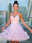 V Neck Dusty Pink Tulle Beaded Short Homecoming Dresses Online, Robes de bal courtes pas chères, CM845