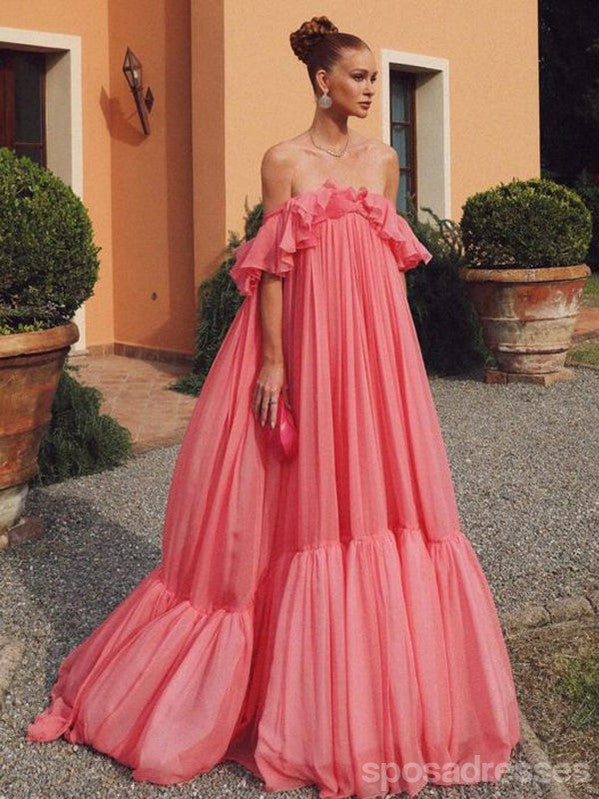 Elegant Pink A-line Off Shoulder Maxi Long Party Prom Dresses Online,13312