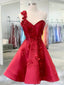 Red A-line Floral One Shoulder Short Homecoming Dresses,Short Prom Dresses,CM959