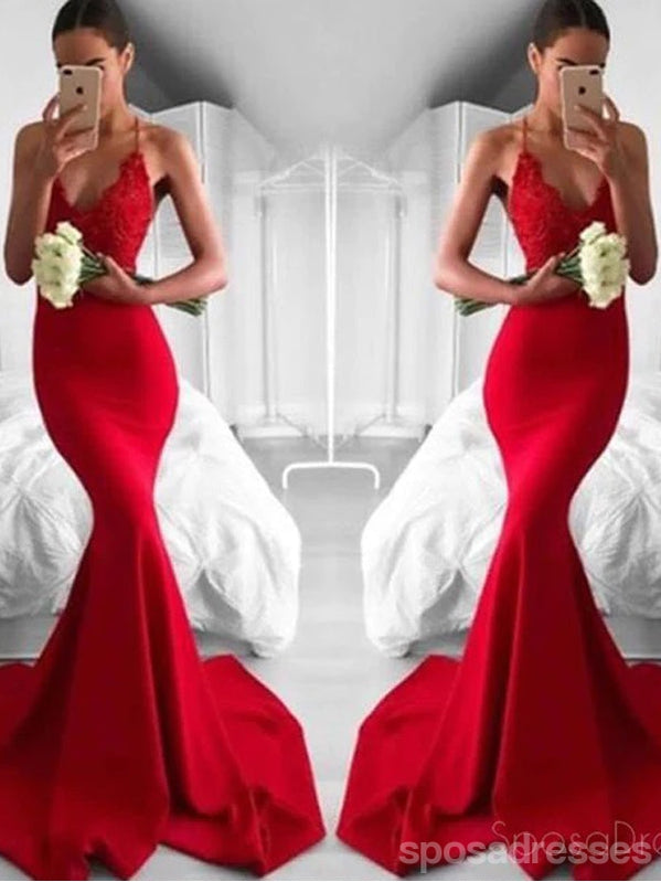 Sexy Red Mermaid Lace Evening Prom Dresses, Popular Bright Red Party Prom Dresses, Custom Long Prom Dresses, Cheap Formal Prom Dresses, 17197