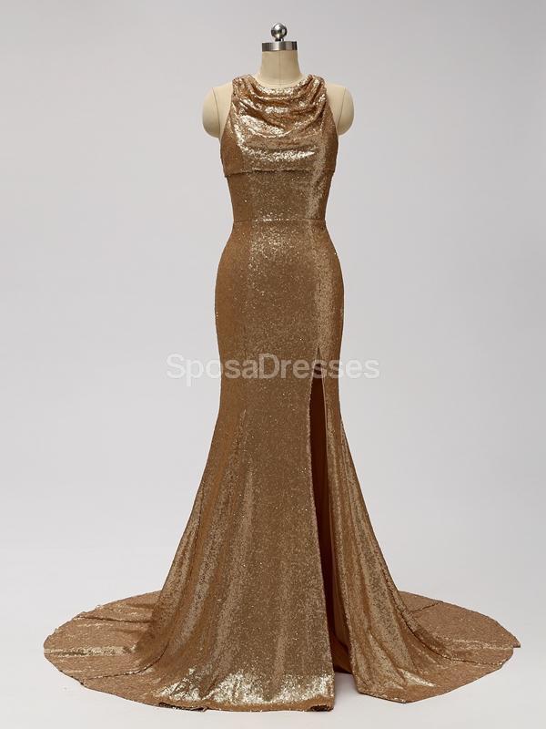 Gold Sequin See Through Halter Mermaid Long  Bridesmaid Dresses Online, WG598