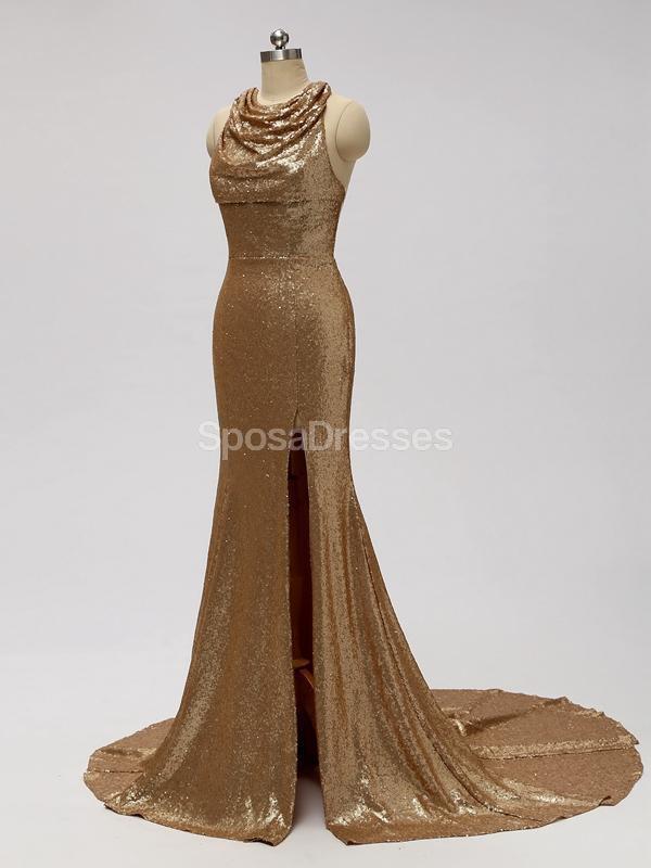 Gold Sequin See Through Halter Mermaid Long  Bridesmaid Dresses Online, WG598