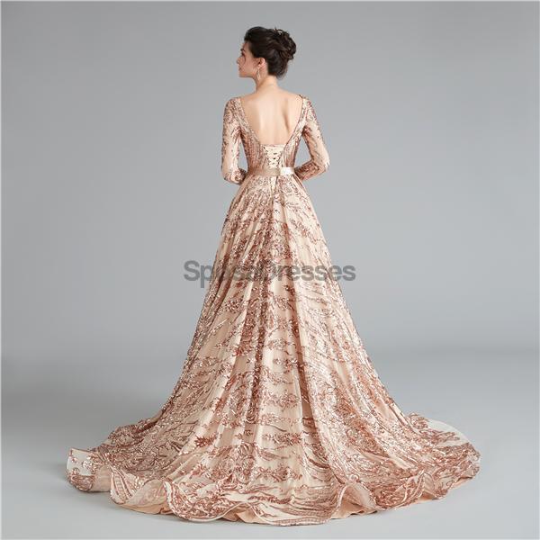 Lange Ärmel Sparkly Rose Gold Backless Abend Prom Kleider, Abend Party Prom Kleider, 12111