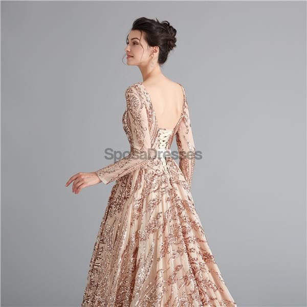 Lange Ärmel Sparkly Rose Gold Backless Abend Prom Kleider, Abend Party Prom Kleider, 12111