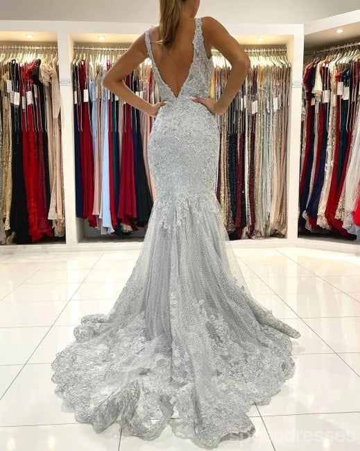 Sexy Grey Mermaid Straps V-neck Cheap Long Prom Dresses Online,12836