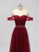 Off Shoulder Floor Length Dark Red Tulle Cheap Bridesmaid Dresses Online, WG589