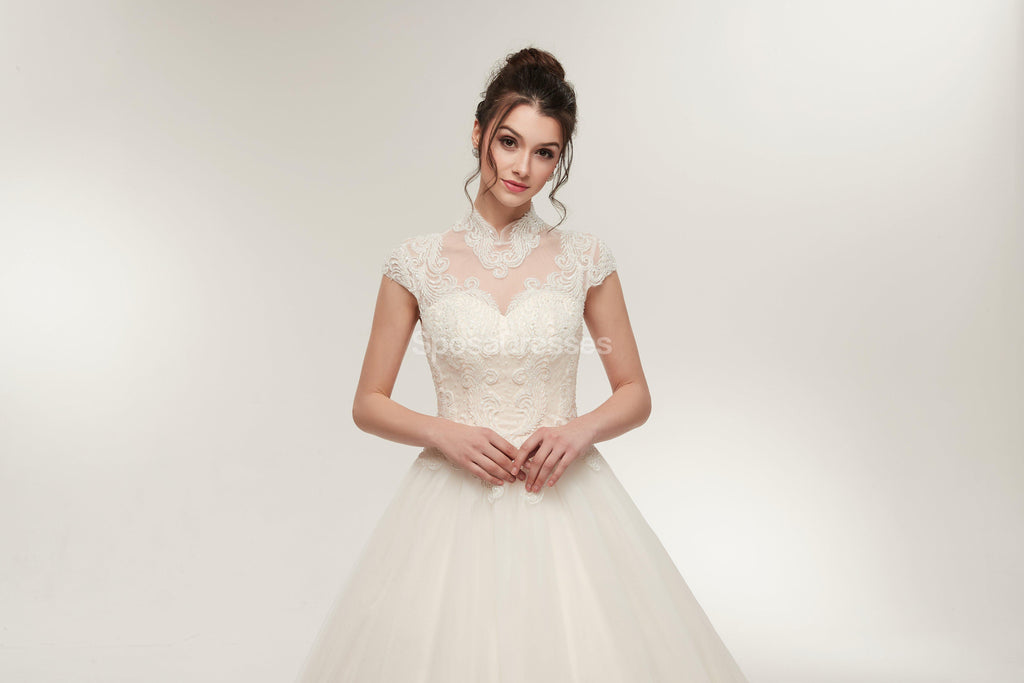 High Neck A-line Lace Beaded Cheap Wedding Dresses Online, Cheap Bridal Dresses, WD569