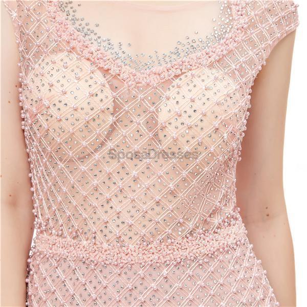 Peach Seen Through Cap-Sleves Lace Beaded Mermaid Evening Prom Dresses, Evening Party Prom Dresses, 12046