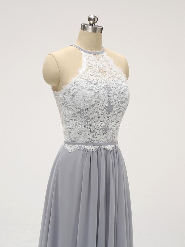 Halter Lace longo Chiffon cinza dama de honra vestidos baratos on-line, WG583