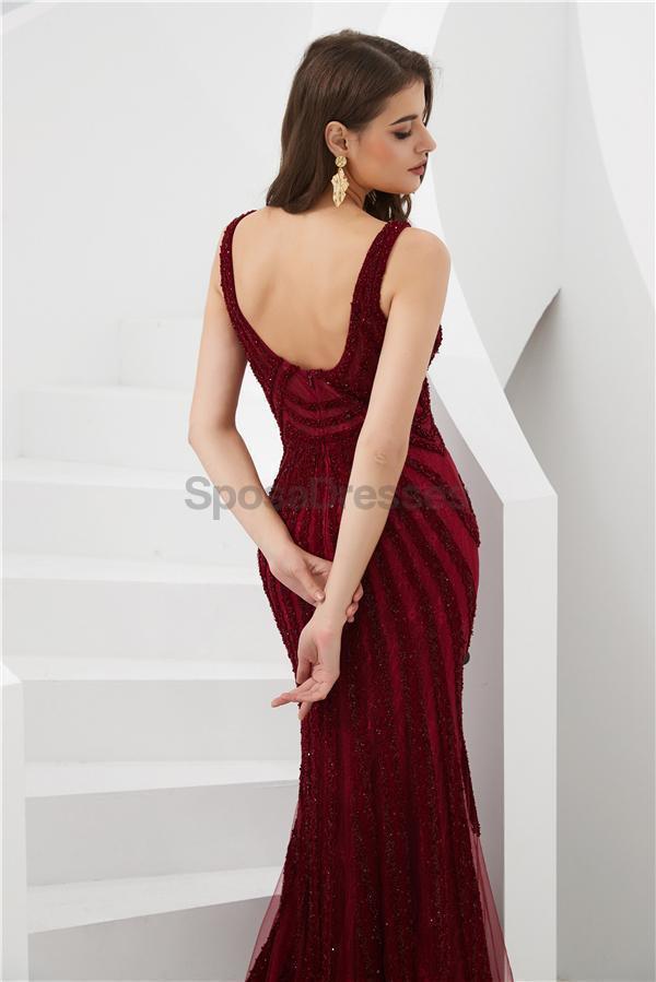 Dark Red V Neck Lace Rhinestone Beaded Evening Prom Dresses, Evening Party Prom Dresses, 12090