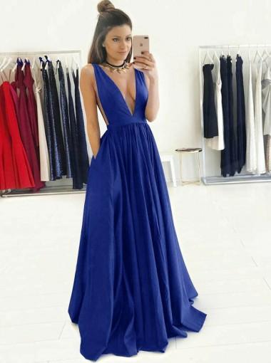 Sexy Backless V Neck Roay Blue A-line Long Evening Prom Dresses, 17581