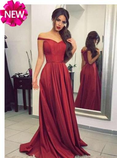 Simple Red Off Shoulder A-line Long Evening Prom Dresses, 17582