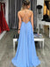 Sexy Simple Backless Blue Side Slit Long Evening Prom Dresses, 17586