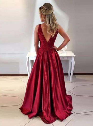 Sexy Backless Maroon Lace Illusion A-line Long Evening Prom Dresses, 17589