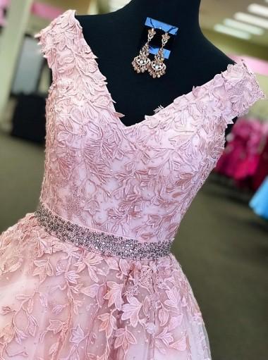 Pink V Neck Short Sleeve Lace A-line Evening Prom Dresses, Sweet 16 Dresses, 17591