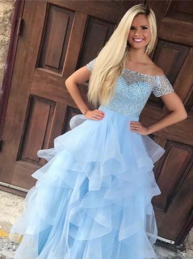 Off Shoulder Blue Ruffles A-line Long Evening Prom Dresses, 17593