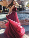 Red V-Neck A-line Maroon Organza Long Evening Prom Dresses, 17598