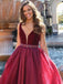 Red V-Neck A-line Maroon Organza Long Evening Prom Dresses, 17598