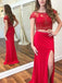 Red Two Pieces Cap Sleeves Side Slit Mermaid Long Evening Prom Dresses, 17608