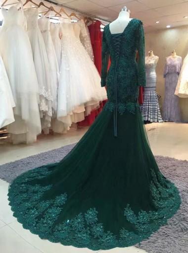 Long Sleeve Lace Mermaid Emerald Green Long Evening Prom Dresses, 17630