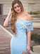 Lace Off Shoulder Side Slit Blue Mermaid Long Evening Prom Dresses, 17632