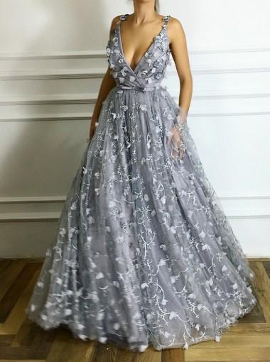 Popular V Neck Gray Flower A-line Long Evening Prom Dresses, 17634