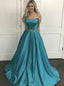 Simple Beaded Belt Turquoise A-line Long Evening Prom Dresses, 17640