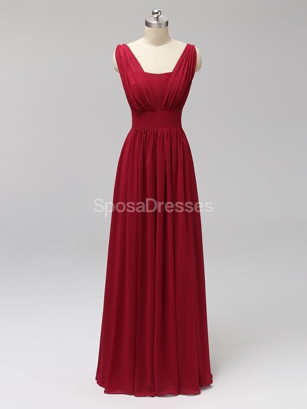 Red Two Straps Chiffon Backless Long Cheap Bridesmaid Dresses Online, WG560