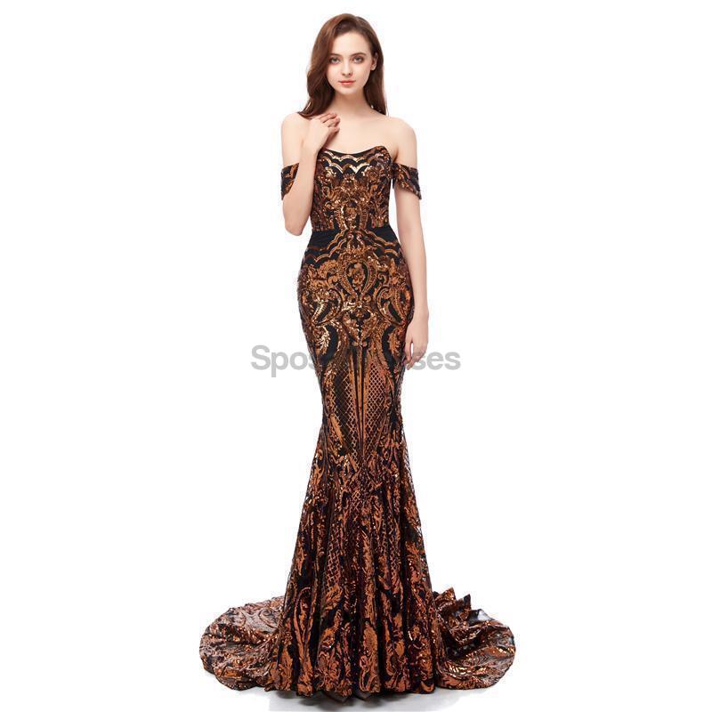 Fora do ombro Sparkly Gold Sequin Mermaid Evening Prom Dresses, Evening Party Prom Dresses, 12105