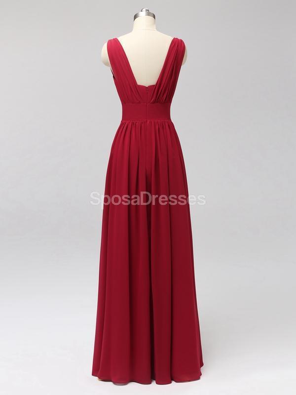 Red Two Straps Chiffon Backless Long Cheap Bridesmaid Dresses Online, WG560