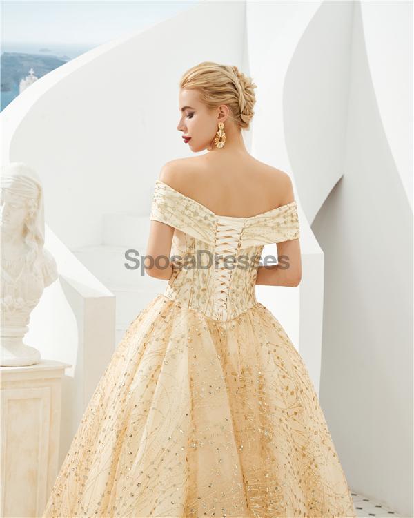 Sparkly Gold A-line Off Shoulder Evening Prom Dresses, Evening Party Prom Dresses, 12126