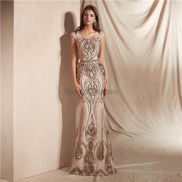 Scoop Grey Sparkly Sequin Mermaid Evening Prom Dresses, Evening Party Prom Dresses, 12063