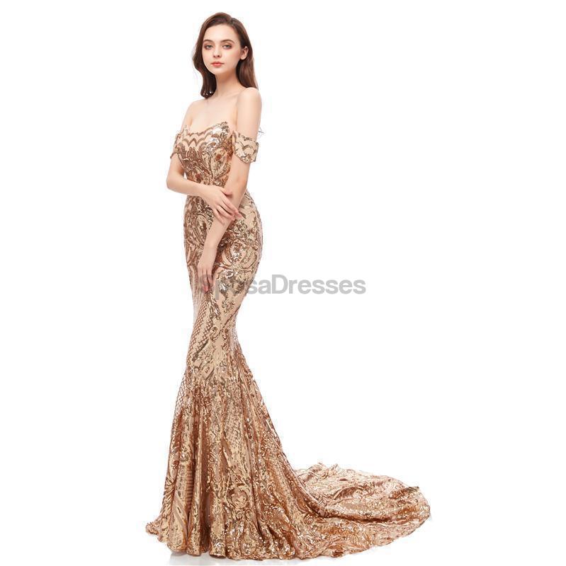 Off Shoulder Sparkly Gold Sequin Mermaid Evening Prom Φορέματα, Βραδινά Κομματικά Φορέματα, 12105