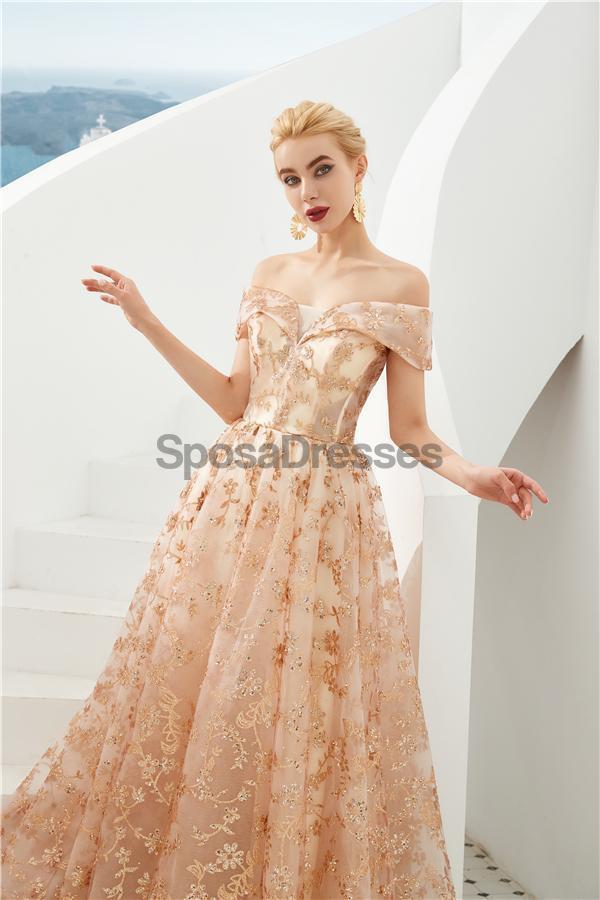 Sparkly Gold A-line Off Shoulder Evening Prom Dresses, Evening Party Prom Dresses, 12126