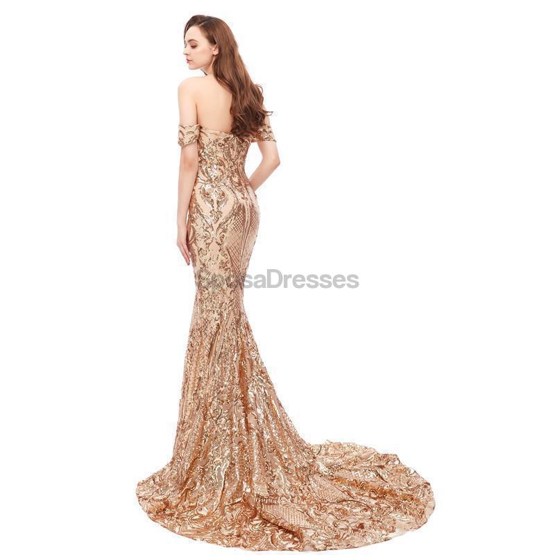 Off Shoulder Sparkly Gold Sequin Mermaid Evening Prom Φορέματα, Βραδινά Κομματικά Φορέματα, 12105