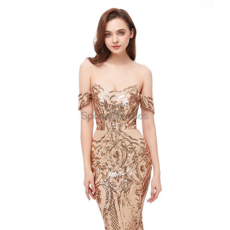 Fora do ombro Sparkly Gold Sequin Mermaid Evening Prom Dresses, Evening Party Prom Dresses, 12105