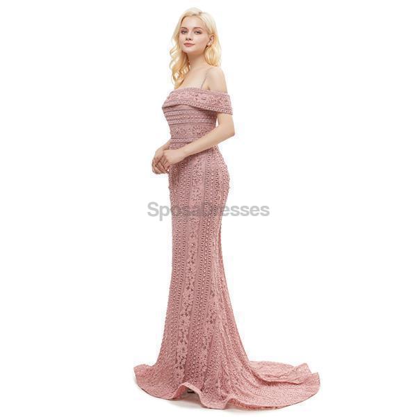 Off Shoulder Dusty Pink Lace Mermaid Evening Prom Dresses, Evening Party Prom Dresses, 12049