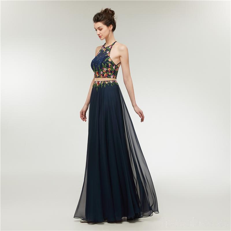 Two Pieces Halter Lace Applique Long Evening Prom Dresses, Evening Party Prom Dresses, 12005