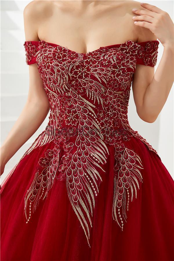 Red Off Shoulder A-line Long Evening Prom Dresses, Evening Party Prom Dresses, 12127