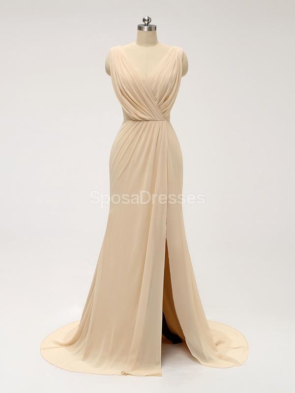 V Neck Side Slit Ruffle Chiffon Cheap Bridesmaid Online, WG586