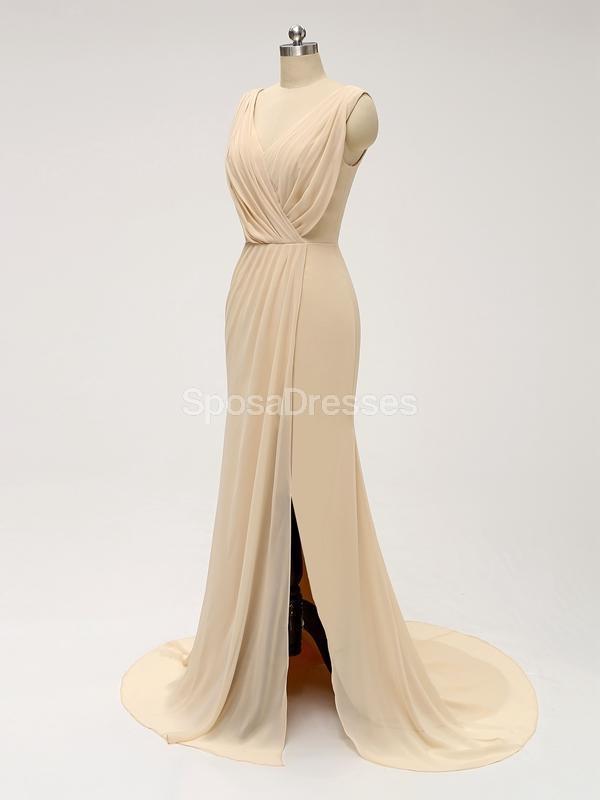 V Neck Side Slit Ruffle Chiffon Cheap Bridesmaid Online, WG586