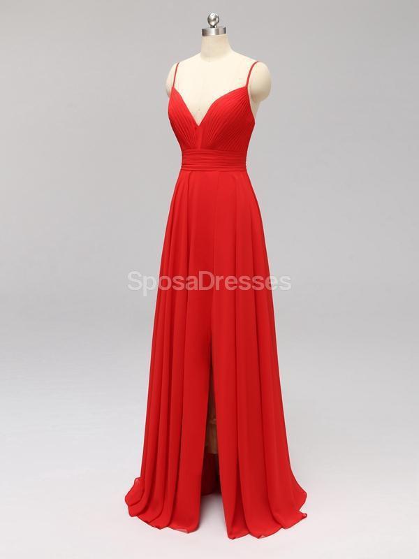 Side Slit Spaghetti Straps Red Chiffon Long barato dama de honra vestidos on-line, WG592