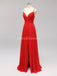 Side Slit Spaghetti Straps Red Chiffon Long barato dama de honra vestidos on-line, WG592