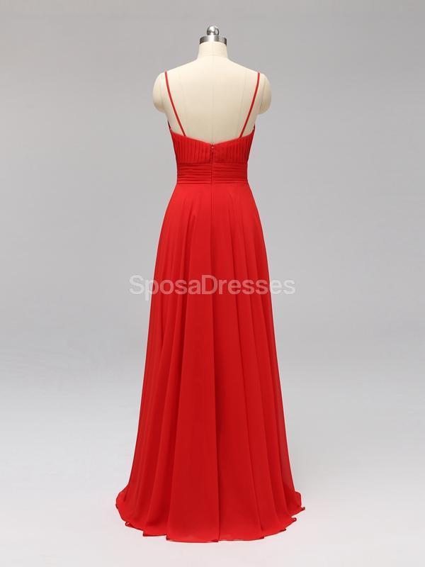 Side Slit Spaghetti Straps Red Chiffon Long barato dama de honra vestidos on-line, WG592